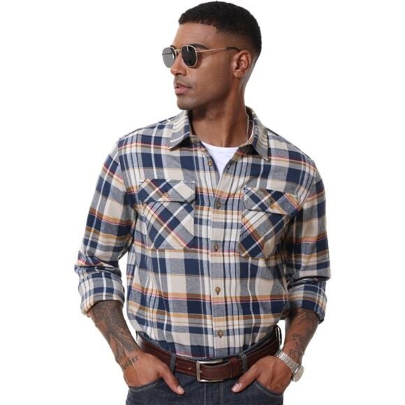 Men's Flannel Shirts Long Sleeve Plaid 03 - Picture 3 of 5